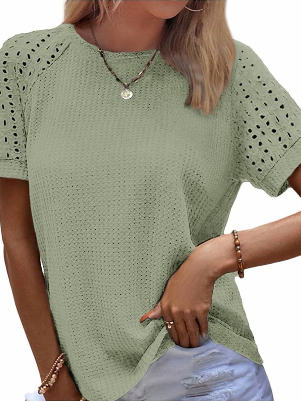 Eyelet Sleeve Short Sleeve Tee in Sage Green